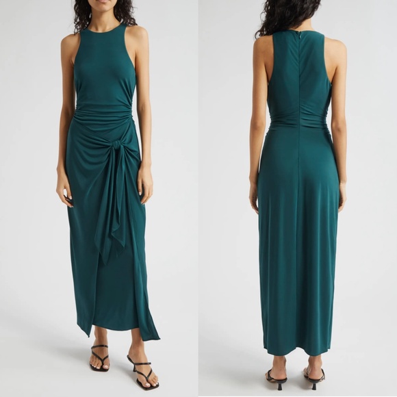 $395 NWT Cinq à Sept GREEN ONYX Andie FRONT WRAP Side Tie RUCHED Maxi DRESS US 8 - Picture 1 of 12